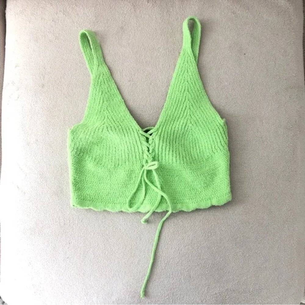NEW Zara Knit Tank Top Lime Green V Neck Crop Tie Front Summer Neon Size Small